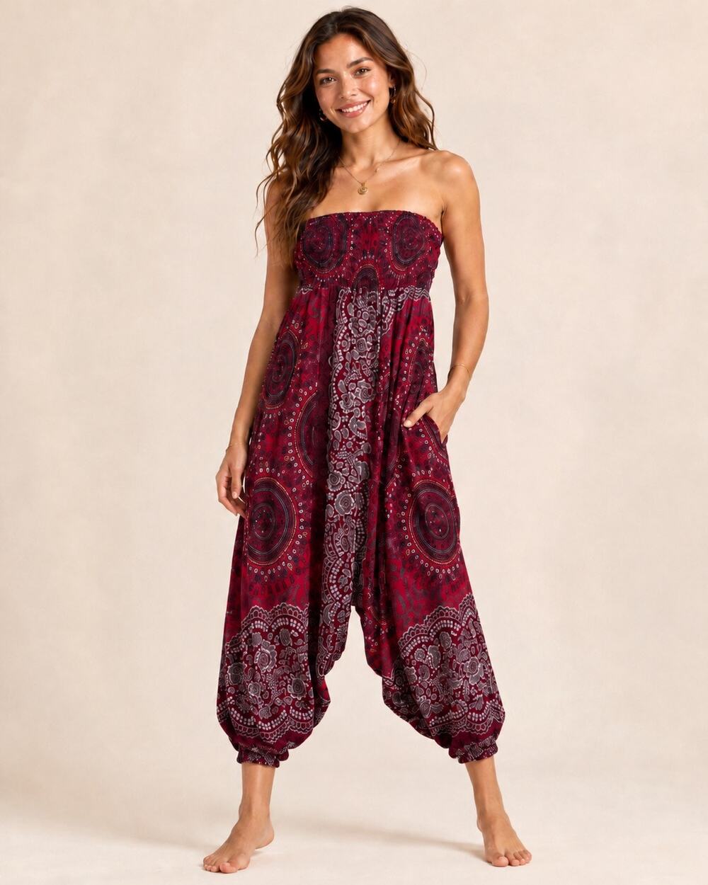 Bohemian Red Patterned Strapless Jumpsuit Small - Picture 1 of 9